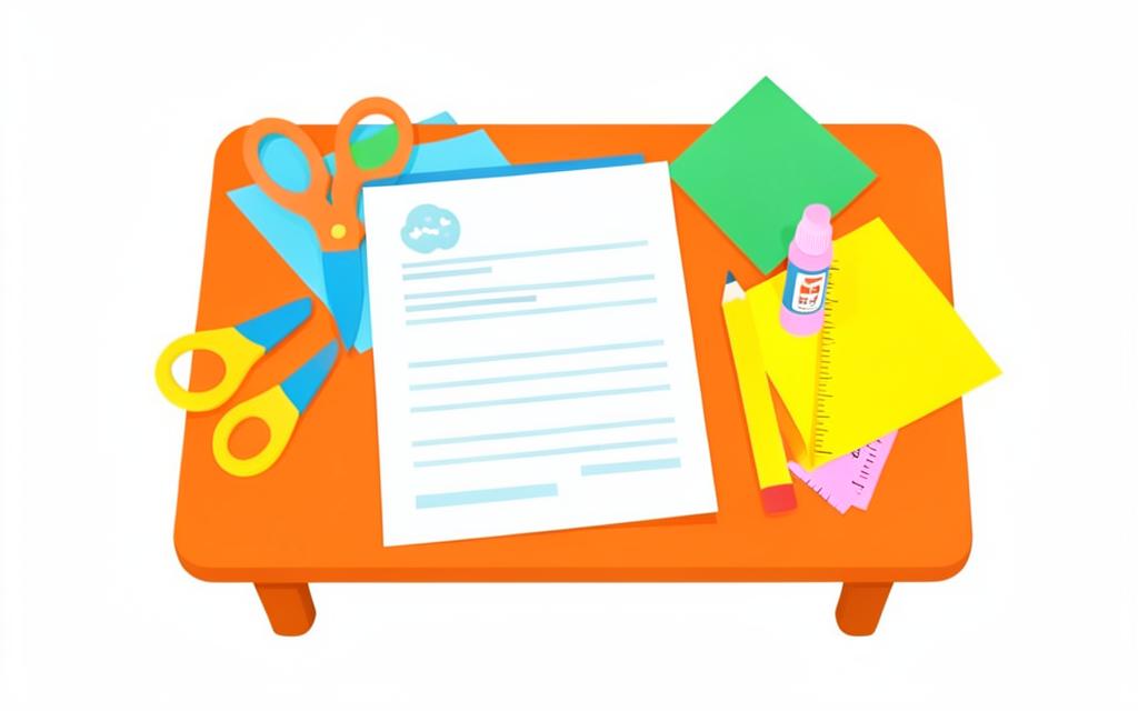 A teacher desk with scissors, paper, pencil, and a newsletter page