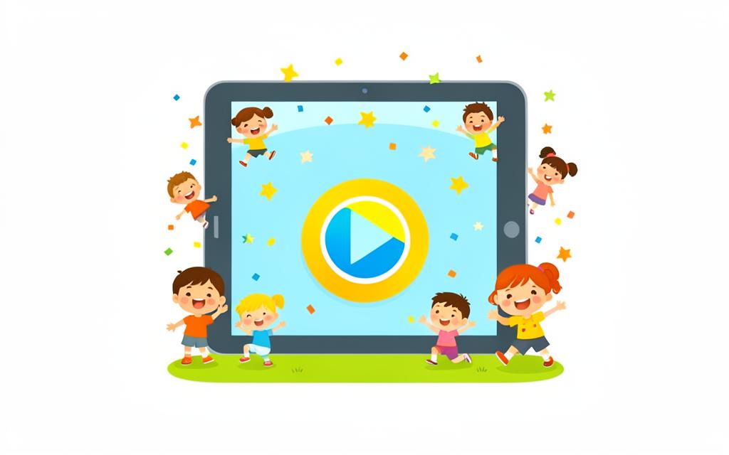 A tablet screen with a play button surrounded by happy children