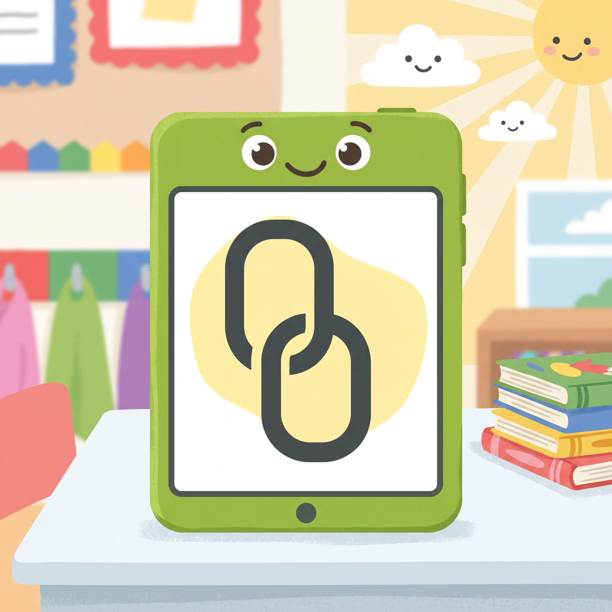 A friendly tablet showing a chain link icon in a sunny classroom